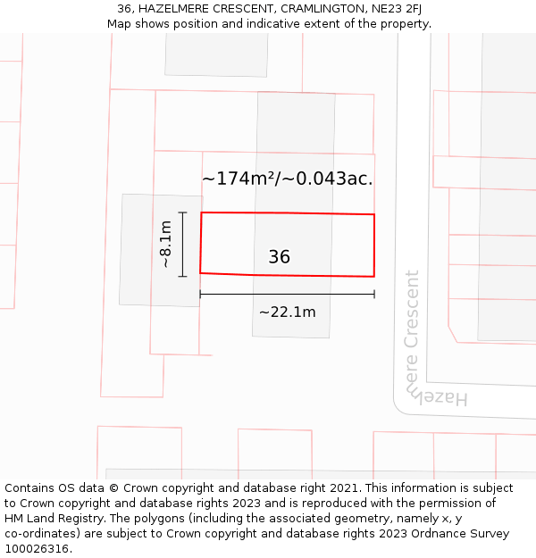 36, HAZELMERE CRESCENT, CRAMLINGTON, NE23 2FJ: Plot and title map