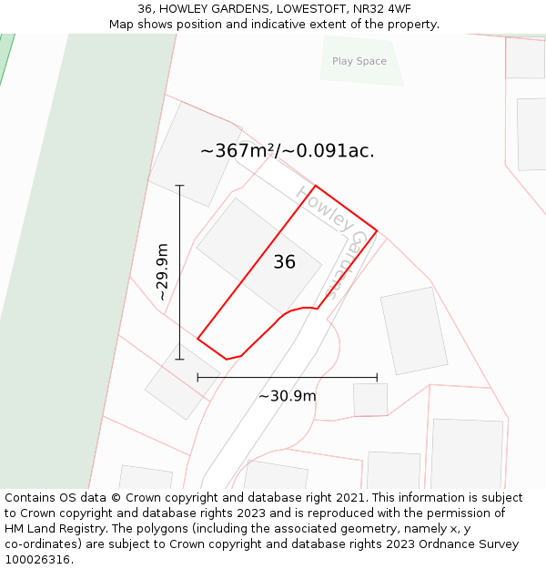 36, HOWLEY GARDENS, LOWESTOFT, NR32 4WF: Plot and title map