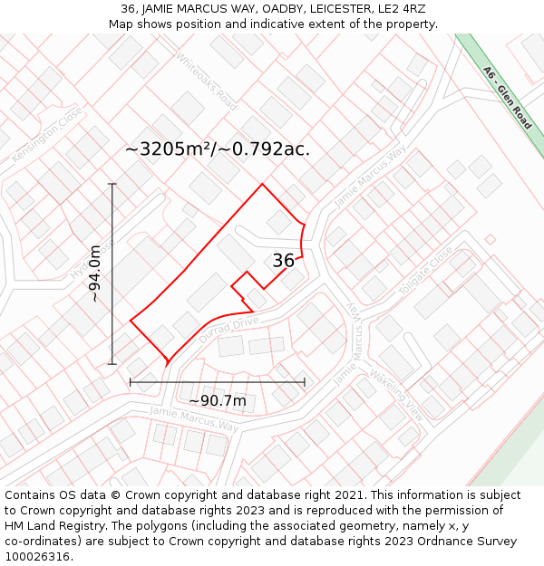 36, JAMIE MARCUS WAY, OADBY, LEICESTER, LE2 4RZ: Plot and title map