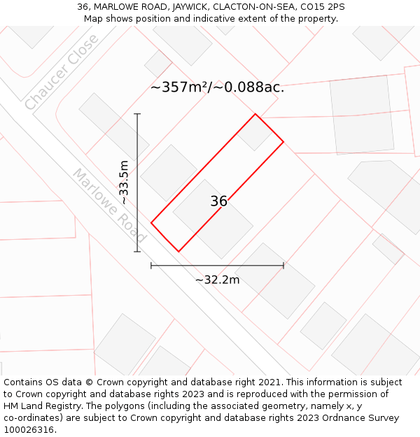36, MARLOWE ROAD, JAYWICK, CLACTON-ON-SEA, CO15 2PS: Plot and title map