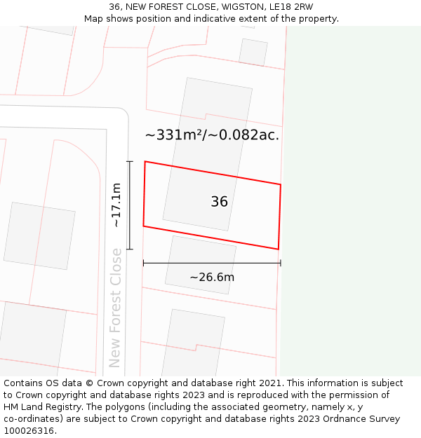 36, NEW FOREST CLOSE, WIGSTON, LE18 2RW: Plot and title map