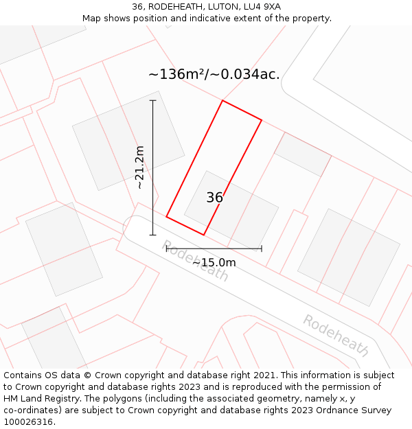 36, RODEHEATH, LUTON, LU4 9XA: Plot and title map
