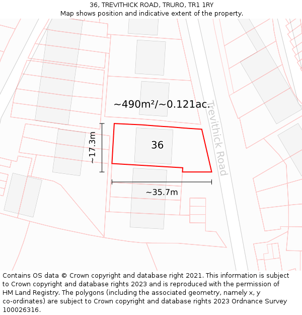 36, TREVITHICK ROAD, TRURO, TR1 1RY: Plot and title map