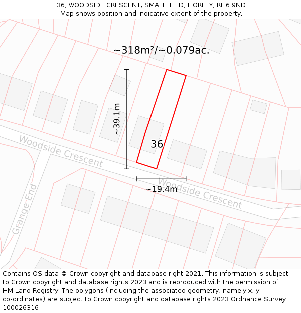 36, WOODSIDE CRESCENT, SMALLFIELD, HORLEY, RH6 9ND: Plot and title map