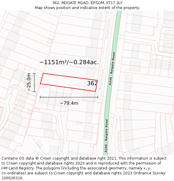 362, REIGATE ROAD, EPSOM, KT17 3LY: Plot and title map