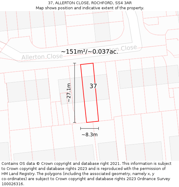 37, ALLERTON CLOSE, ROCHFORD, SS4 3AR: Plot and title map