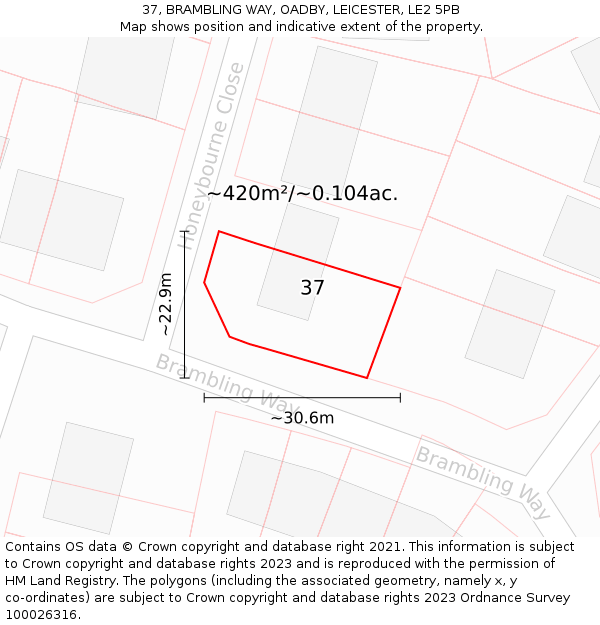 37, BRAMBLING WAY, OADBY, LEICESTER, LE2 5PB: Plot and title map