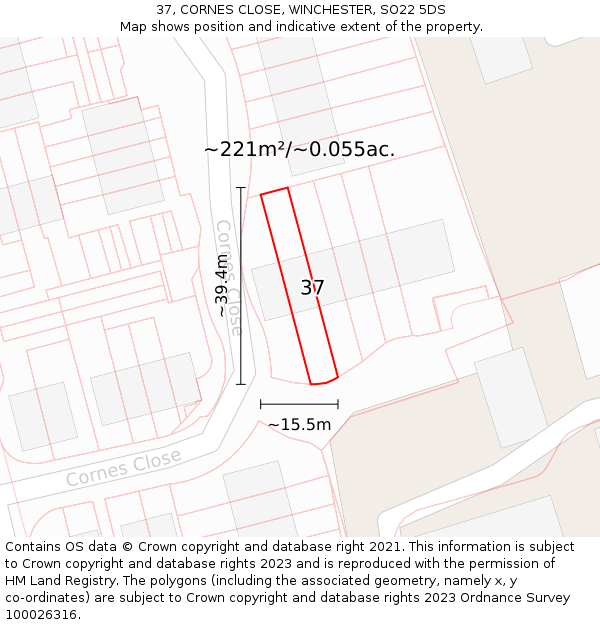37, CORNES CLOSE, WINCHESTER, SO22 5DS: Plot and title map