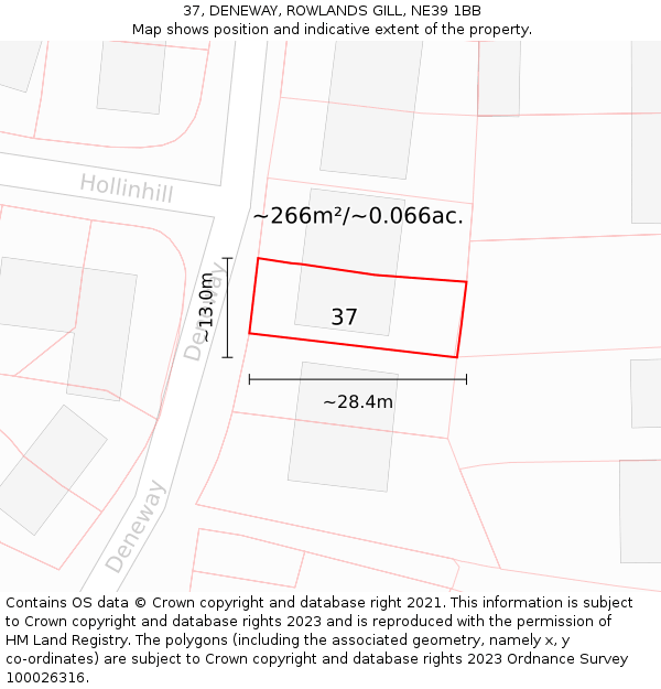 37, DENEWAY, ROWLANDS GILL, NE39 1BB: Plot and title map