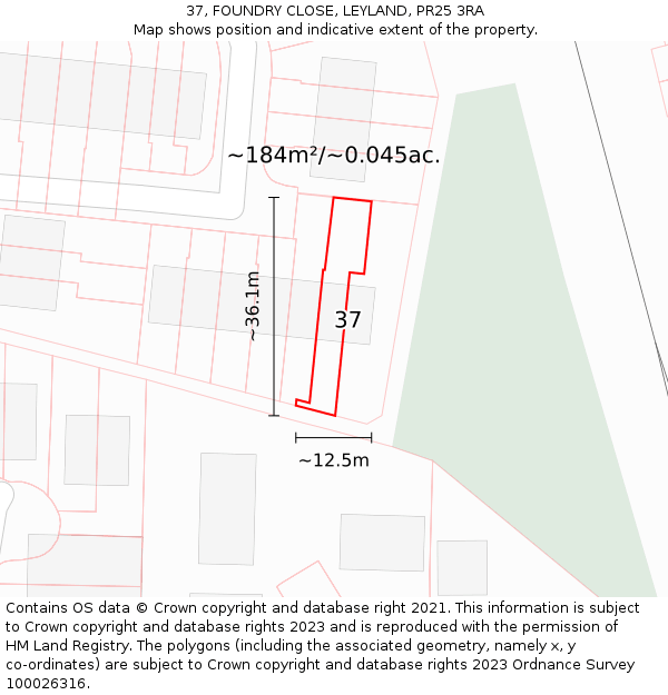 37, FOUNDRY CLOSE, LEYLAND, PR25 3RA: Plot and title map