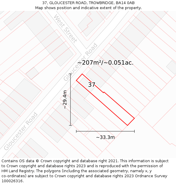 37, GLOUCESTER ROAD, TROWBRIDGE, BA14 0AB: Plot and title map