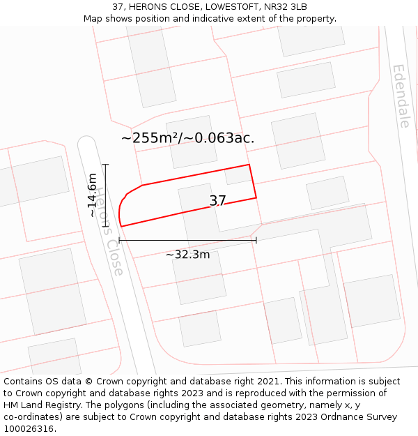 37, HERONS CLOSE, LOWESTOFT, NR32 3LB: Plot and title map