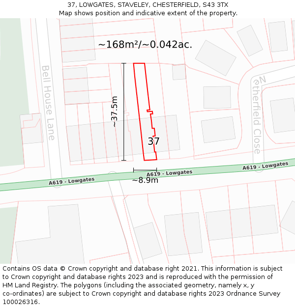 37, LOWGATES, STAVELEY, CHESTERFIELD, S43 3TX: Plot and title map