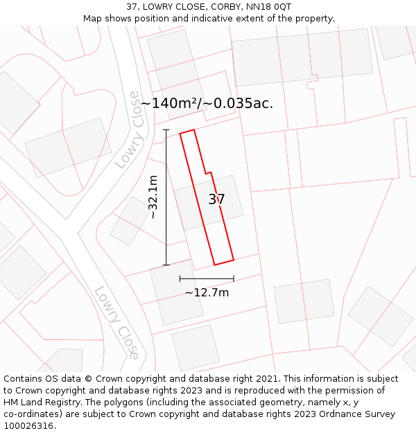 37, LOWRY CLOSE, CORBY, NN18 0QT: Plot and title map