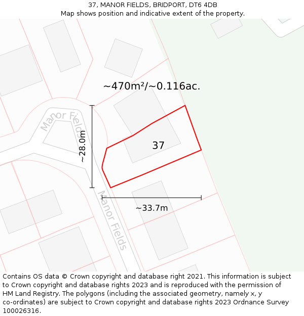 37, MANOR FIELDS, BRIDPORT, DT6 4DB: Plot and title map