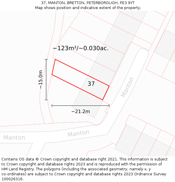 37, MANTON, BRETTON, PETERBOROUGH, PE3 9YT: Plot and title map