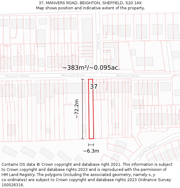 37, MANVERS ROAD, BEIGHTON, SHEFFIELD, S20 1AX: Plot and title map