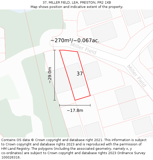 37, MILLER FIELD, LEA, PRESTON, PR2 1XB: Plot and title map