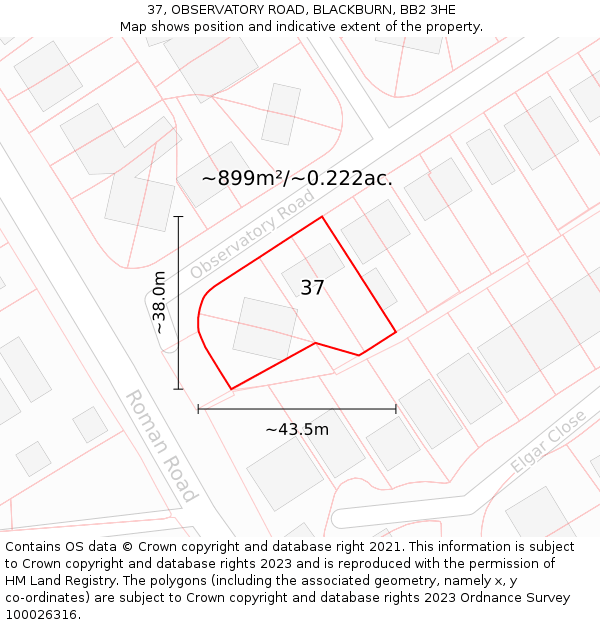 37, OBSERVATORY ROAD, BLACKBURN, BB2 3HE: Plot and title map