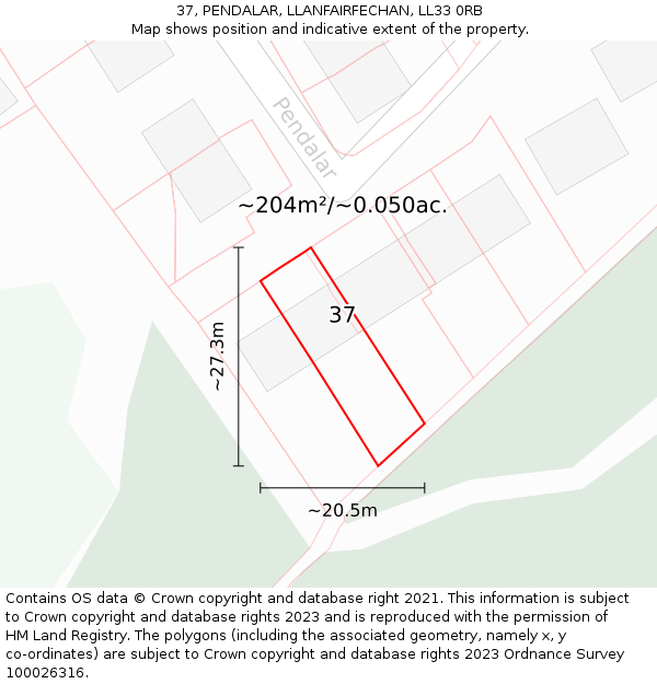 37, PENDALAR, LLANFAIRFECHAN, LL33 0RB: Plot and title map