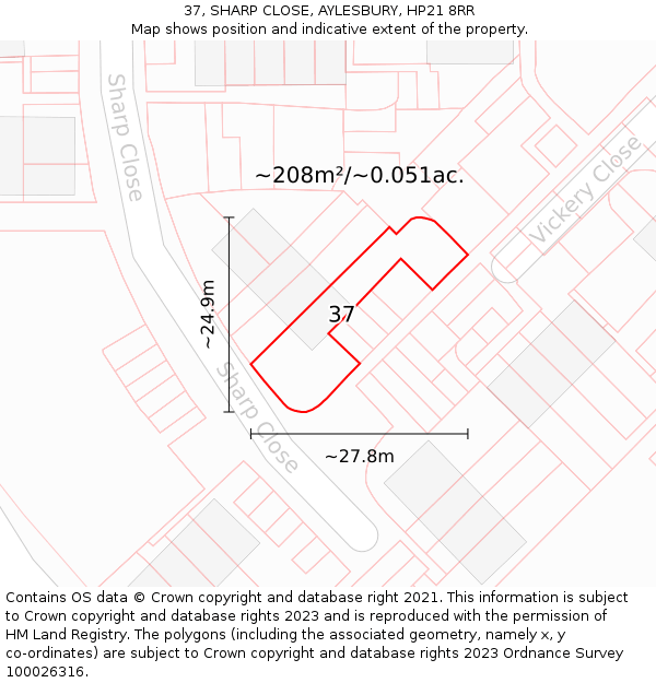 37, SHARP CLOSE, AYLESBURY, HP21 8RR: Plot and title map