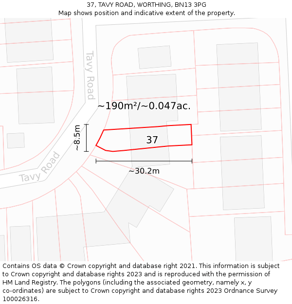 37, TAVY ROAD, WORTHING, BN13 3PG: Plot and title map