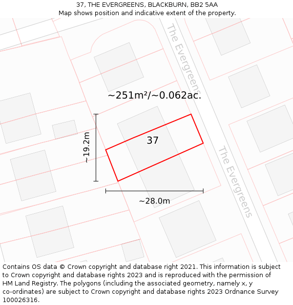 37, THE EVERGREENS, BLACKBURN, BB2 5AA: Plot and title map