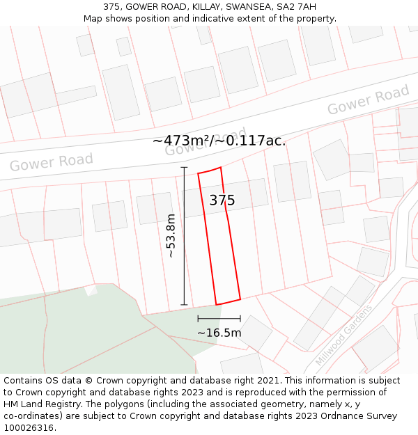 375, GOWER ROAD, KILLAY, SWANSEA, SA2 7AH: Plot and title map