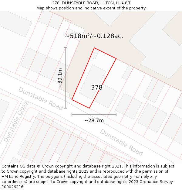 378, DUNSTABLE ROAD, LUTON, LU4 8JT: Plot and title map