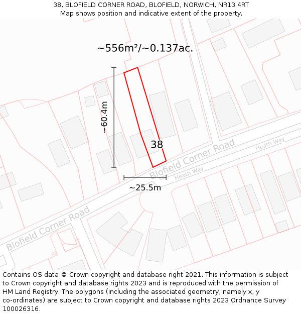 38, BLOFIELD CORNER ROAD, BLOFIELD, NORWICH, NR13 4RT: Plot and title map