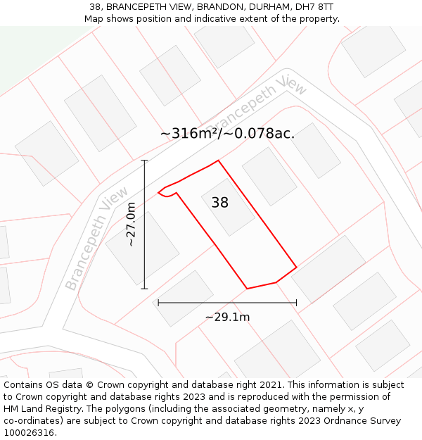 38, BRANCEPETH VIEW, BRANDON, DURHAM, DH7 8TT: Plot and title map
