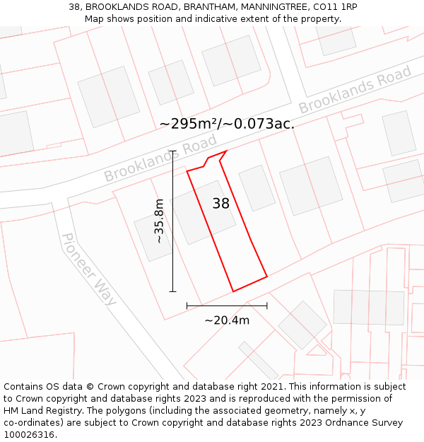 38, BROOKLANDS ROAD, BRANTHAM, MANNINGTREE, CO11 1RP: Plot and title map