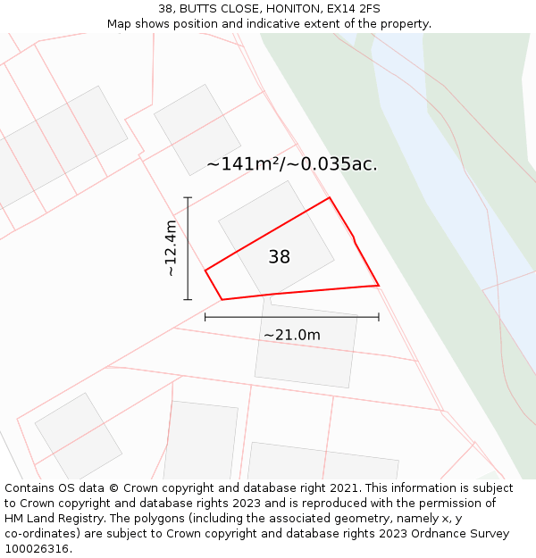 38, BUTTS CLOSE, HONITON, EX14 2FS: Plot and title map