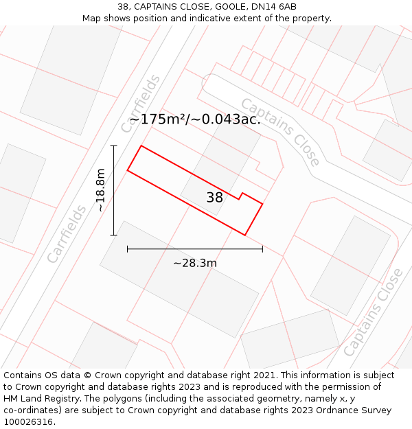 38, CAPTAINS CLOSE, GOOLE, DN14 6AB: Plot and title map