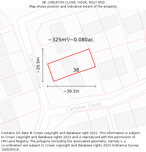 38, CARLETON CLOSE, HOOK, RG27 9ND: Plot and title map