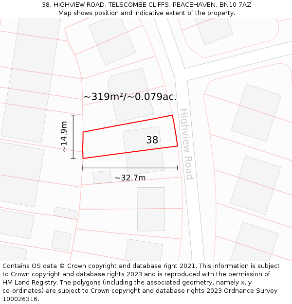 38, HIGHVIEW ROAD, TELSCOMBE CLIFFS, PEACEHAVEN, BN10 7AZ: Plot and title map