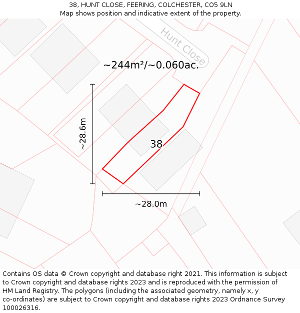 38, HUNT CLOSE, FEERING, COLCHESTER, CO5 9LN: Plot and title map