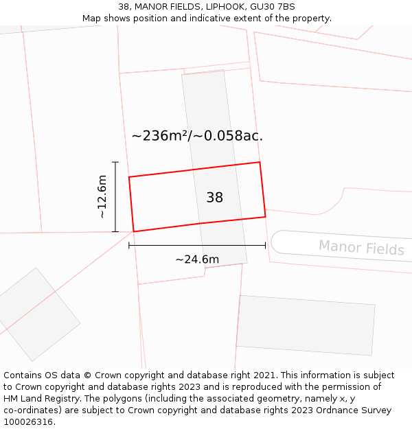 38, MANOR FIELDS, LIPHOOK, GU30 7BS: Plot and title map