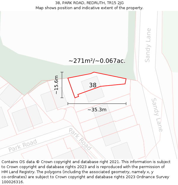 38, PARK ROAD, REDRUTH, TR15 2JG: Plot and title map