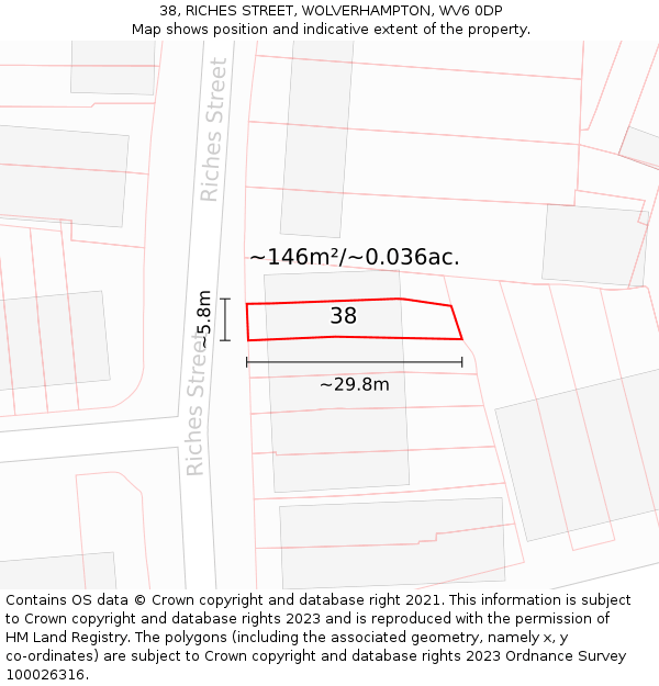 38, RICHES STREET, WOLVERHAMPTON, WV6 0DP: Plot and title map