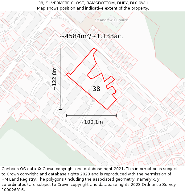 38, SILVERMERE CLOSE, RAMSBOTTOM, BURY, BL0 9WH: Plot and title map
