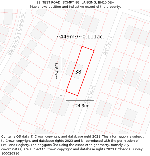 38, TEST ROAD, SOMPTING, LANCING, BN15 0EH: Plot and title map