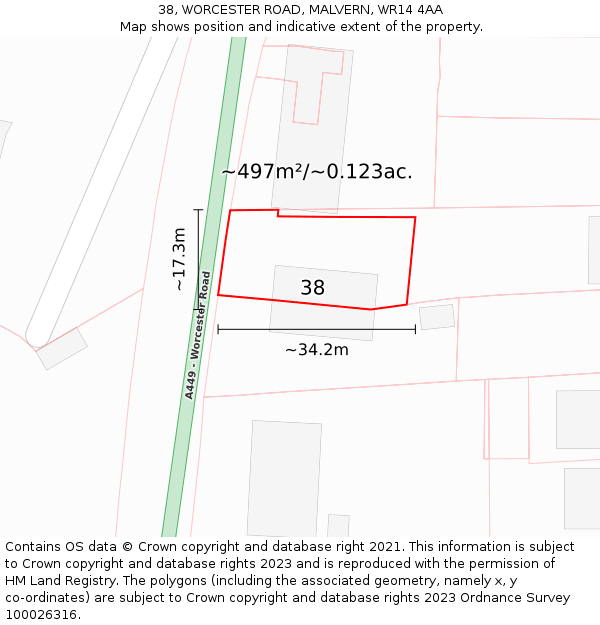38, WORCESTER ROAD, MALVERN, WR14 4AA: Plot and title map