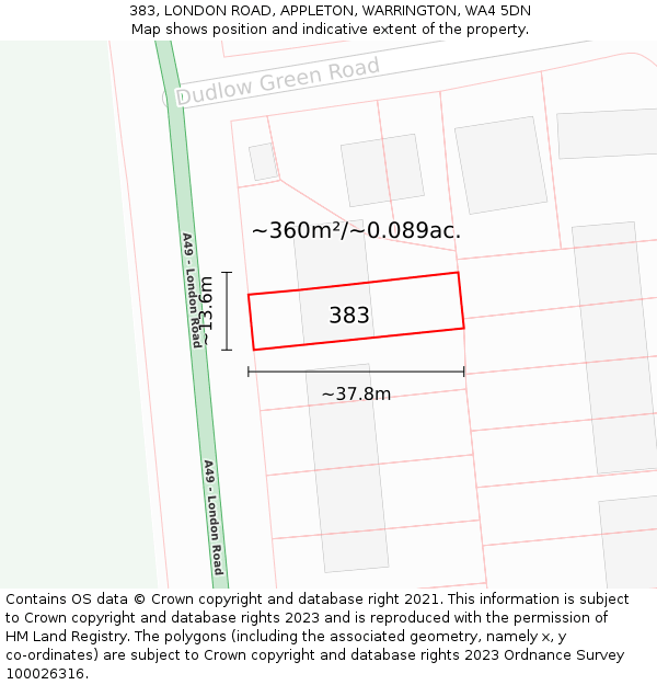 383, LONDON ROAD, APPLETON, WARRINGTON, WA4 5DN: Plot and title map