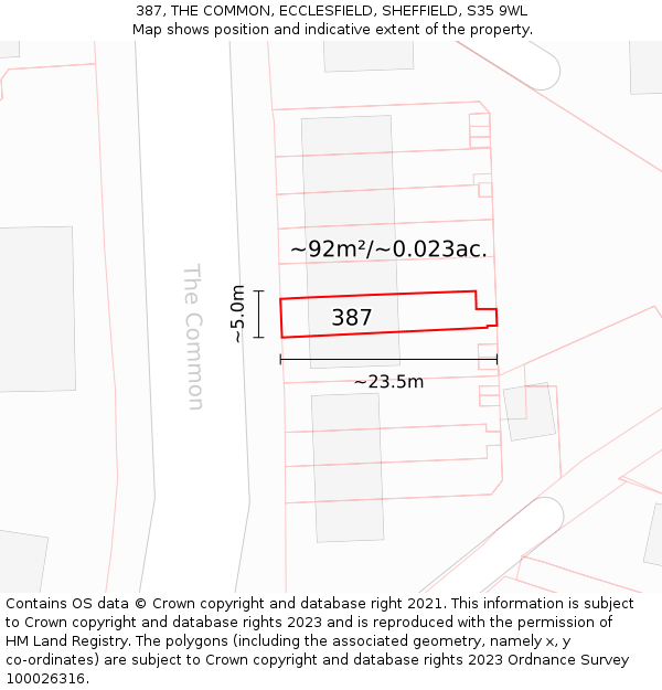 387, THE COMMON, ECCLESFIELD, SHEFFIELD, S35 9WL: Plot and title map