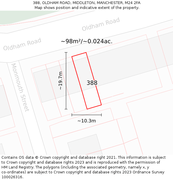 388, OLDHAM ROAD, MIDDLETON, MANCHESTER, M24 2FA: Plot and title map