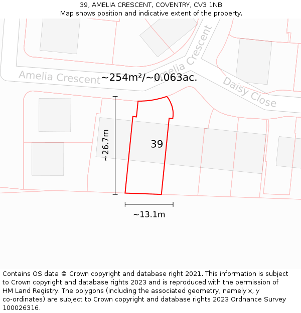 39, AMELIA CRESCENT, COVENTRY, CV3 1NB: Plot and title map