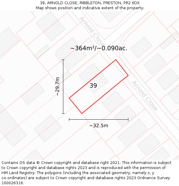 39, ARNOLD CLOSE, RIBBLETON, PRESTON, PR2 6DX: Plot and title map