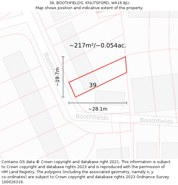 39, BOOTHFIELDS, KNUTSFORD, WA16 8JU: Plot and title map