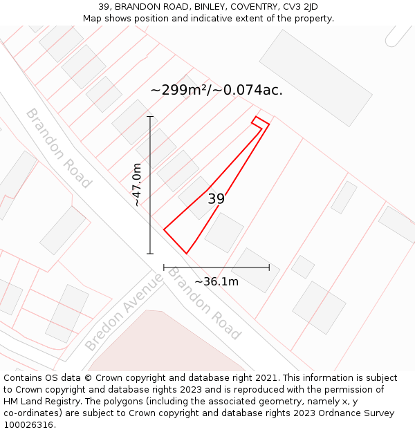 39, BRANDON ROAD, BINLEY, COVENTRY, CV3 2JD: Plot and title map